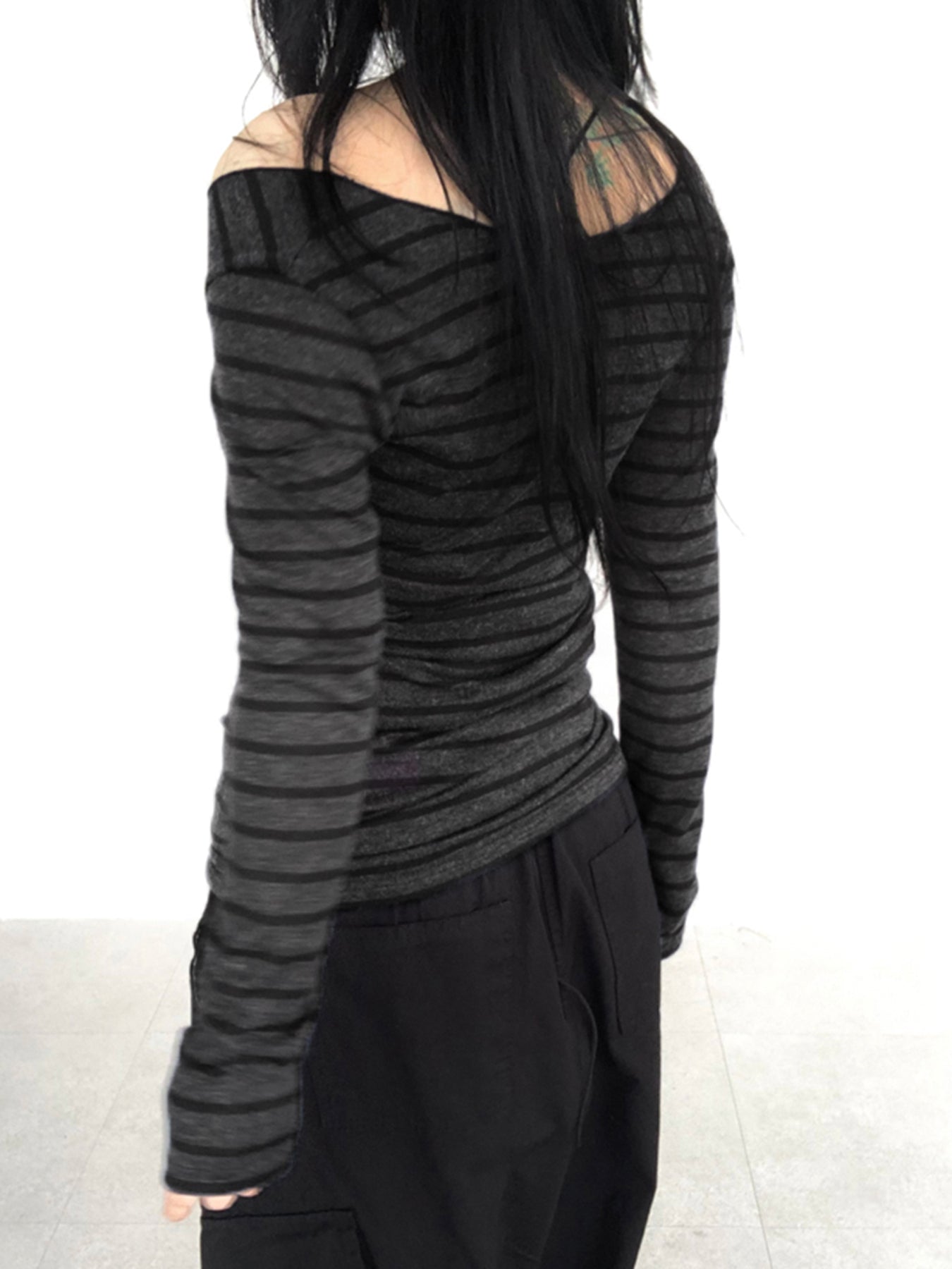 Aiertu - summer inspo Hot Japanese Basic Slim Long Sleeve Stripe Tee Off Shoulder O Neck Korean Street Style Spring Autumn Y2K Gray T Shirt Women Aiertu