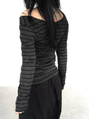 Aiertu - summer inspo Hot Japanese Basic Slim Long Sleeve Stripe Tee Off Shoulder O Neck Korean Street Style Spring Autumn Y2K Gray T Shirt Women Aiertu