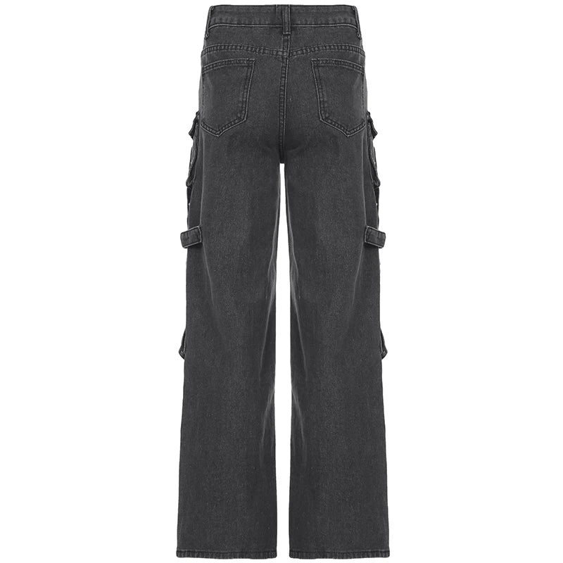 Aiertu  -  Gothic Fashion Women Cargo Jeans Grunge Loose Fit Pocket Denim Pants Harajuku Y2K Boyfriend Style Wide Leg Trousers Aiertu