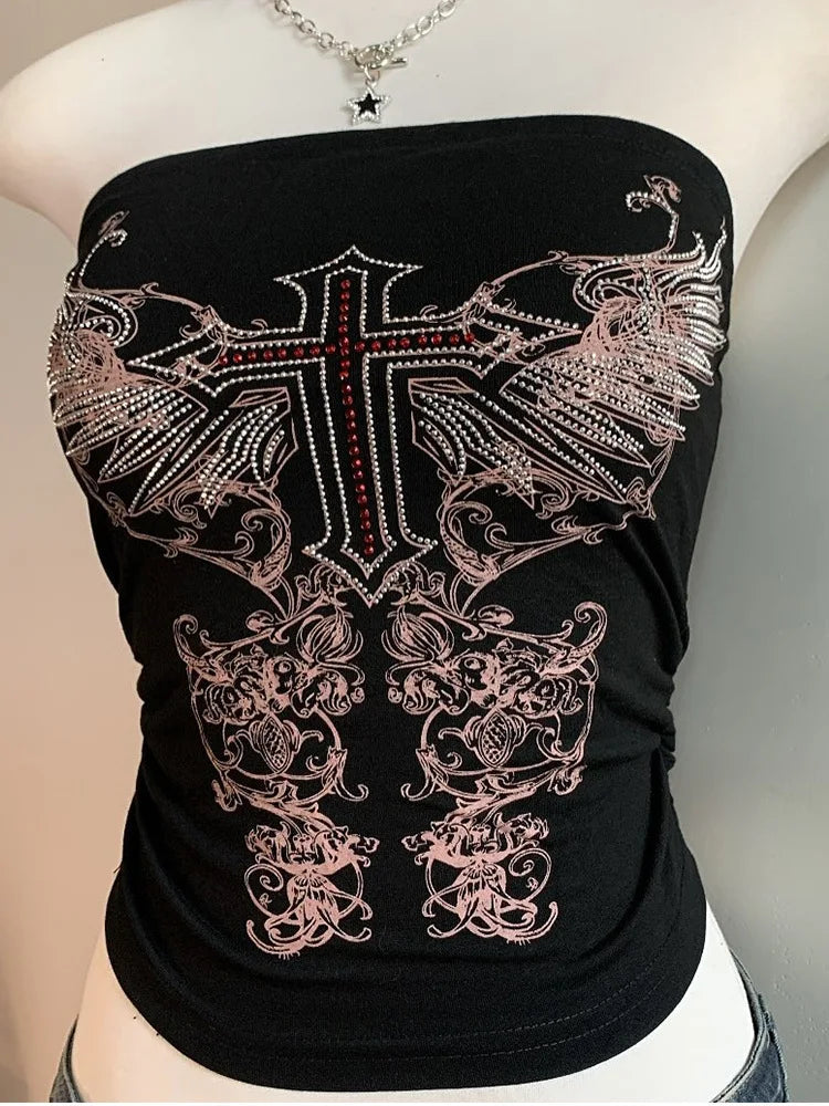 Aiertu  -  Y2K dark personality pattern printed tube top female niche hot girl outside wearing backless slim jacket Aiertu
