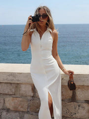 Aiertu  -  White Chic Slim Split Halter Dresses Women Summer Single Breasted Sleeveless Midi Dress 2025 New Elegant Casual Fashion Vestidos Aiertu