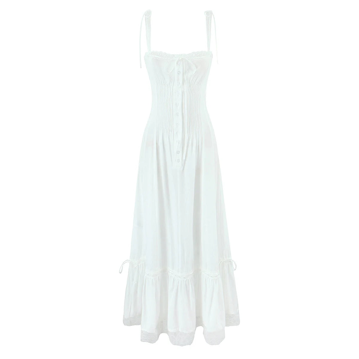 Aiertu  -  White Spliced Lace Slash Collar Corset Style Ruched Low Waist Midi Long Sling Dress Women Ribbon Swing Dresses Summer Robe Aiertu