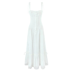Aiertu  -  White Spliced Lace Slash Collar Corset Style Ruched Low Waist Midi Long Sling Dress Women Ribbon Swing Dresses Summer Robe Aiertu