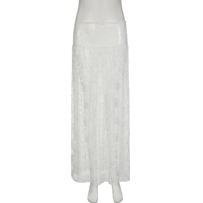 Aiertu  -   Sexy Lace See-Through Skirt For Women Elastic Waist Bow Jacquard Splice Summer New Solid Color Loose Long Skirt Female Aiertu