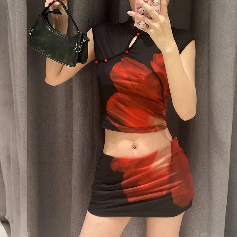 Aiertu  -  Floral Print Crop Top and Mini Skirts 2 Pieces Sets Vintage Sexy Club Wear Latest Woman Outfit 2025 P94-EZ32 Aiertu