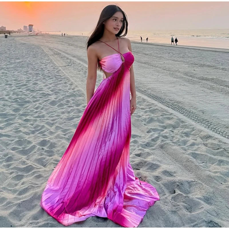 Aiertu  -  Rainbow Halter Pleated Suspender Large Swing Women Dress Summer Beach Backless Slim Dresses 2025 Summer Vacation Chic Lady Robe Aiertu
