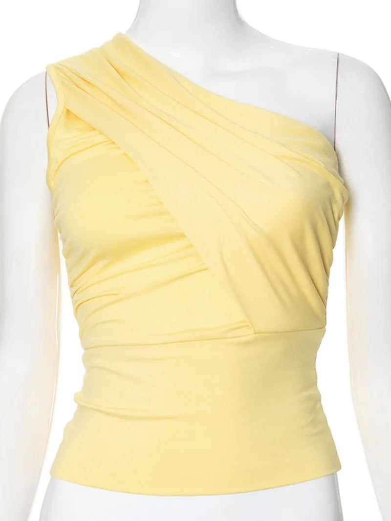 Aiertu  -  Yellow Tank Tops Women's Summer One Shoulder Sleeveless Short T-shirt Y2K Streetwear 2026 Fashion Diagonal Collar Slim Crop Top Aiertu