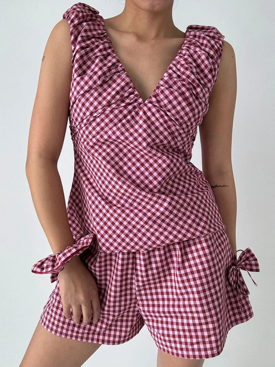 Aiertu  -  Women s Plaid Matching Set with V Neckline Off Shoulder Short Sleeve Top Bow Detail Elastic Waist Shorts and Pockets - 2 Aiertu