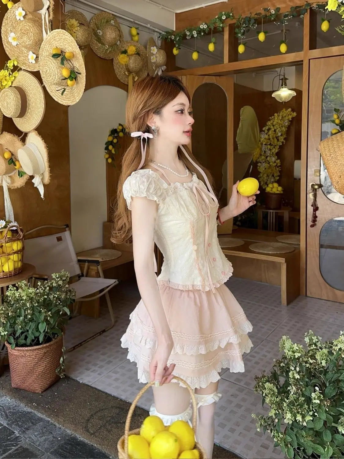 Aiertu  -   Summer Sweet Girls Two Piece Skirt Sets Lace Splicing Puff Sleeve Slim Shirt Tops + High Waist A Line Mini Skirt Outfits Aiertu