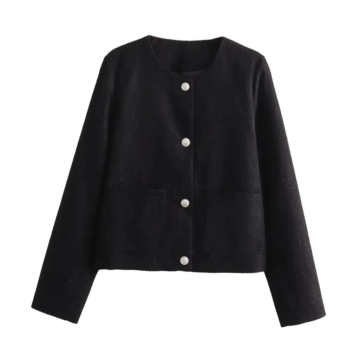Aiertu  -   Tweed Woolen Short Blazer Jacket Women Single Breasted Pockets Office Lady Vintage Slim Coat Blue Autumn Winter New Aiertu