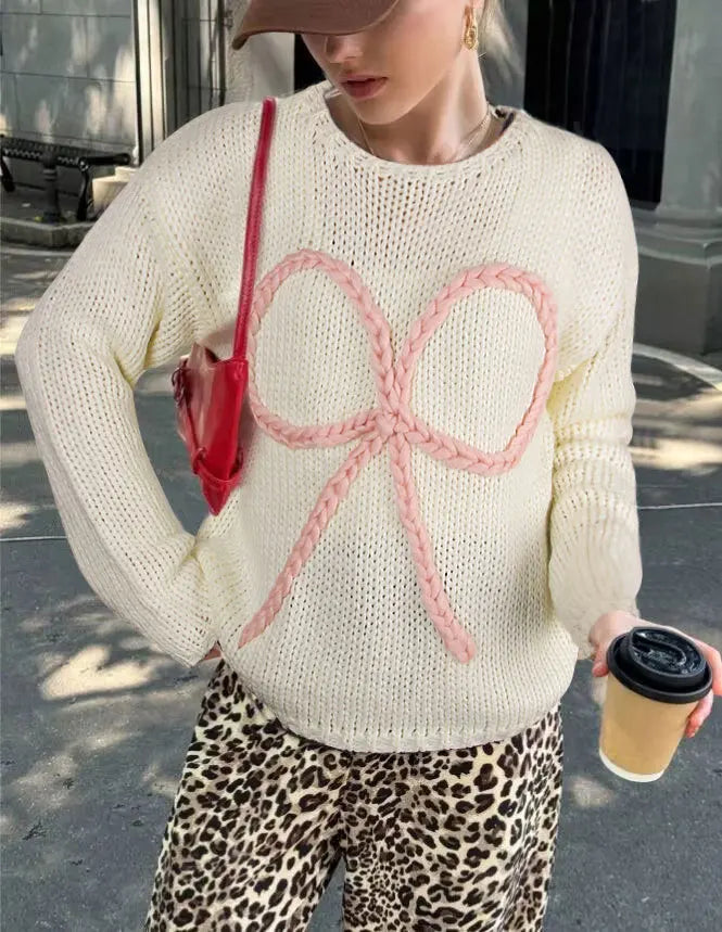 Aiertu  -  Bows Long Sleeve Knitted Sweater For Women Casual Loose O Neck Crochet Pullovers Winter New Female Splice Sweater Top Aiertu