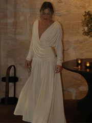 Aiertu  -  New Elegant V-neck Cross Draped Pleated Maxi Dress Women Chic Backless Long Sleeve Party Robes Female Fashion Evening Gowns Aiertu