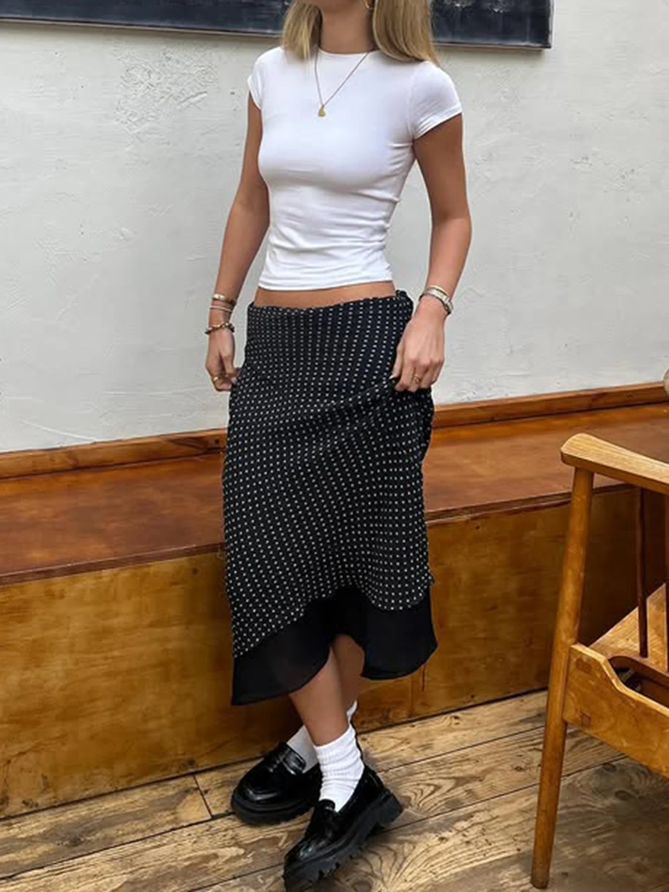Aiertu  Patchwork Polka Dot Skirt Basic All-match Streetwear Layered Long Straight Skirt Y2K Casual Fashion Outfits Aiertu