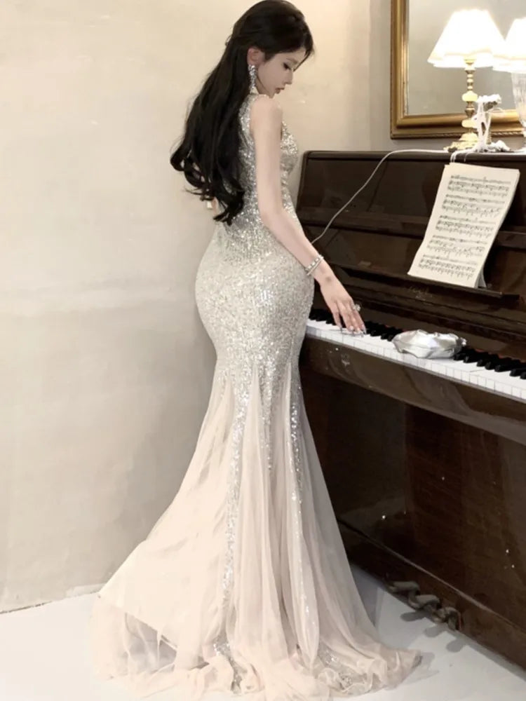 Aiertu  -  Sexy Sequins Mermaid Dress Women Elegant Sleeveless Mesh Patchwork Evening Party Dresses Summer Slim Waist Vestidos Long Robe Aiertu