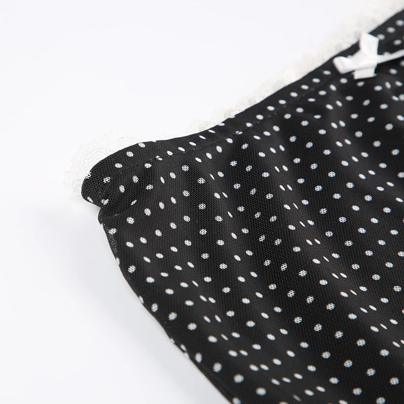 Aiertu  -  Elegant Chic Polka Dot Mesh Skirt Women Lace Trim Bow Vintage Fashion Party Long Skirts Double Layer Bottoms Outfits Aiertu