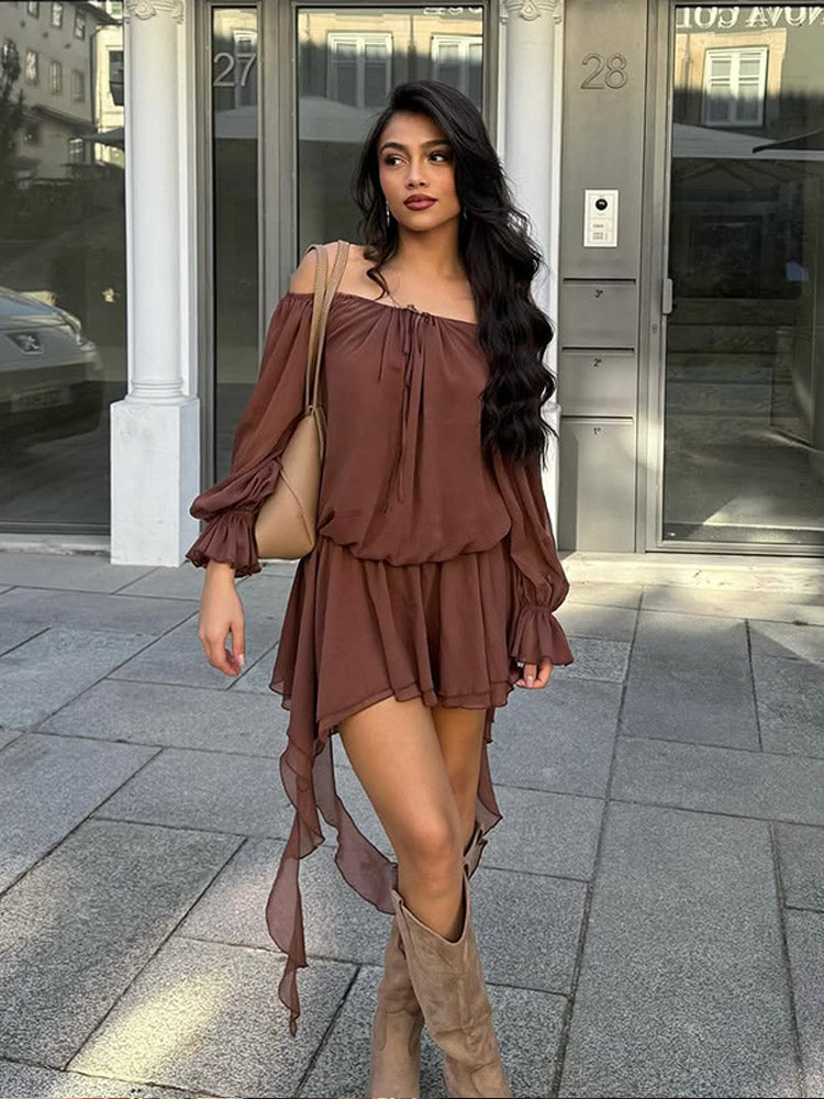 Aiertu  -  Chic Low Neck Lace Up Mini Dress Elegant Solid Flare Sleeve Pleated Off Shoulder Gown New Women Highstreet Holiday Dresses 2025 Aiertu