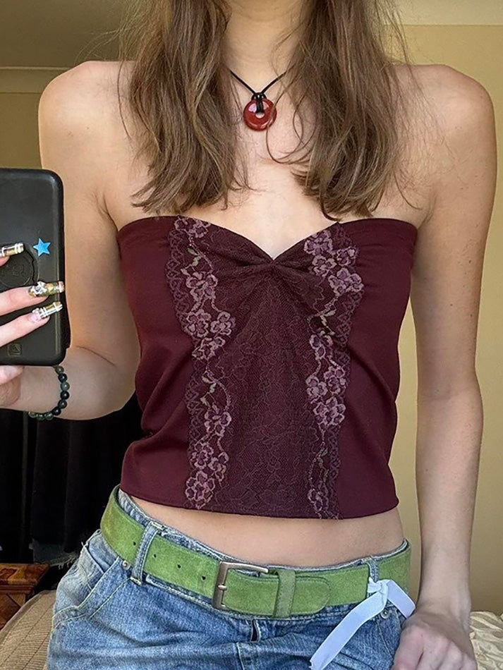 Aiertu  -Vintage Lace Ruched Tube Top aiertu