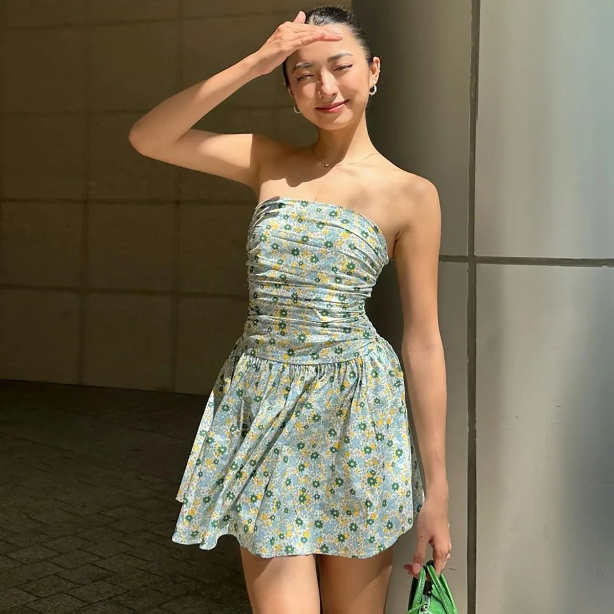Aiertu  -  One-Shoulder Slim Strapless Print Dress For Women High Waisted Sleeveless Backless Fashion Sweet Summer New Ruched Dress Aiertu