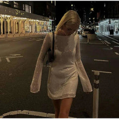 Aiertu  -  Elegant Backless Solid Sequins Mini Dress Women Sexy Long Sleeve O-neck Short Dress Lady Fashion New Evening Party Chic Vestidos Aiertu