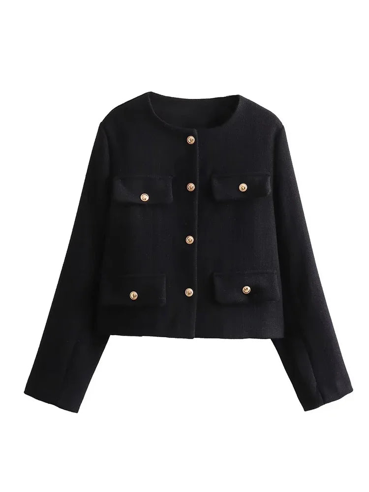 Aiertu  -  New Retro Fashion Women Coarse Tweed Round Neck Long Sleeved Jacket Winter Korean Elegant Lady Long Sleeved Button Short Jacket Aiertu