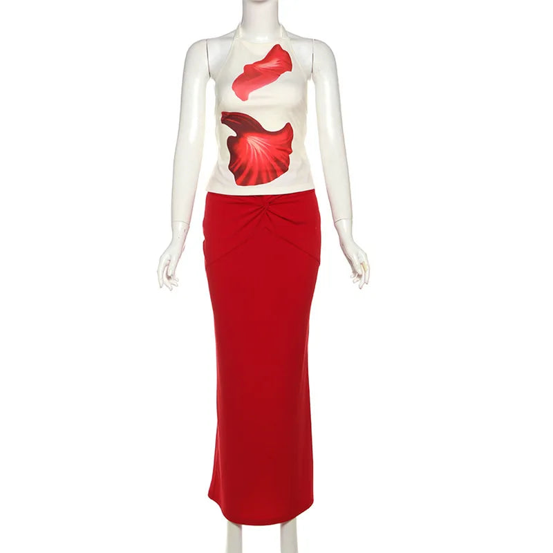 Aiertu  -  Flower Print Dress Sets For Women Slim High Waist Skirt And Sexy Backless Bodycon Tank Tops 2 Piece Suits Vacation Dress Aiertu