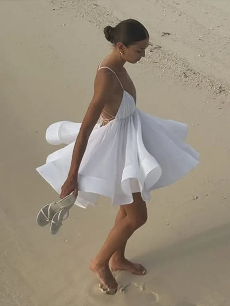 Aiertu  -  Halter Fuffy Short Pleated Dress Large Backless Cross Strap Beach A-Line Dresses V-Neck Waist Cinched Suspender Slimming Gown Aiertu