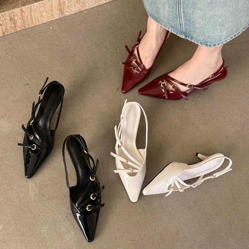 Aiertu  -  Sexy Slingbacks Narrow Band Buckle Strap Pumps Women Pointed Toe Thin Heels Wedding Party Mule Shoes Aiertu