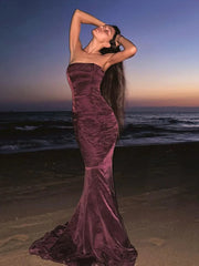 Aiertu  -  Red Wine Valet Strapless Mermaid Maxi Dress For Women Sexy Strapless Backless Wrap Waist Robe Elegant Club Party Vestidos 2026 Aiertu