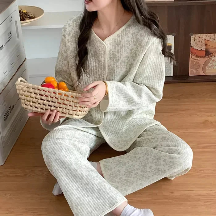 Aiertu  -  Autumn And Winter Air Sandwich Cotton Pajamas Women Cardigan Long Sleeve Trousers New Cartoon Sketch Rabbit Cute Homewear Sets Aiertu