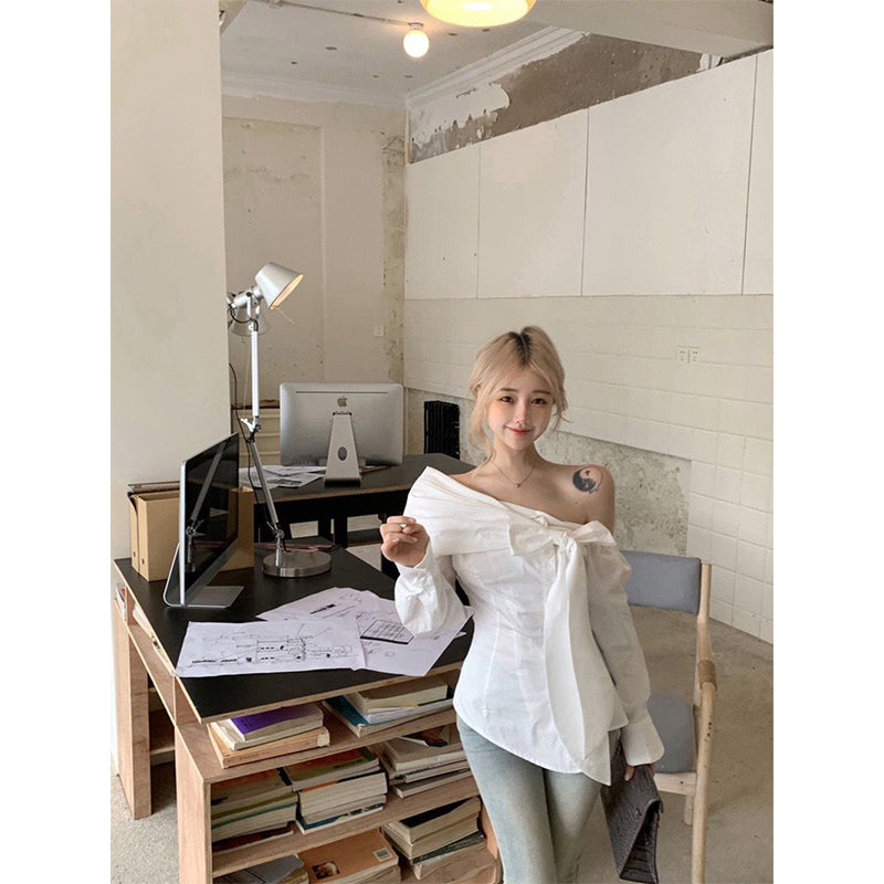 Aiertu Elegant White Shirts Women Streetwear Fashion Bow Bandage Blouses Korean Sexy Off Shoulder Long Sleeve Slim Design Tops Aiertu