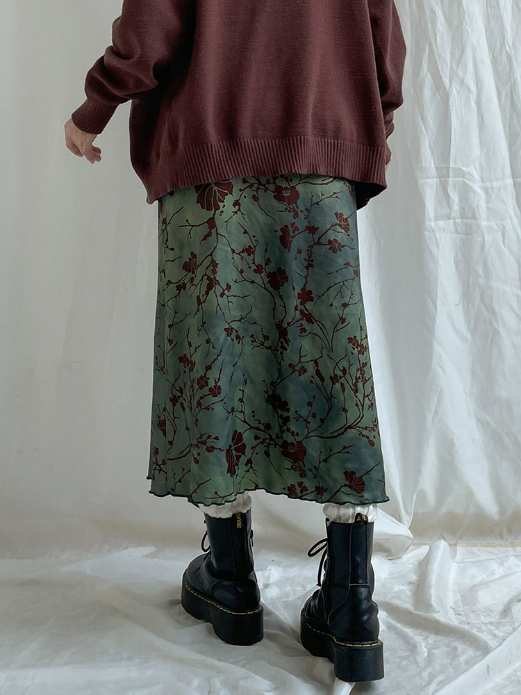 Aiertu - summer inspo Retro Green Floral Print Y2K Long Skirts For Women Vintage Aesthetic Frills Hem Cute Preppy Outfits Aiertu