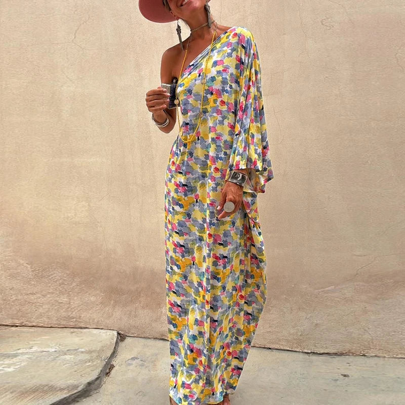 Aiertu  -  Summer Sexy Diagonal Collar Loose Party Dress Women Fashion Pattern Print Holiday Long Dress Casual Flared Sleeves Maxi Dresses Aiertu