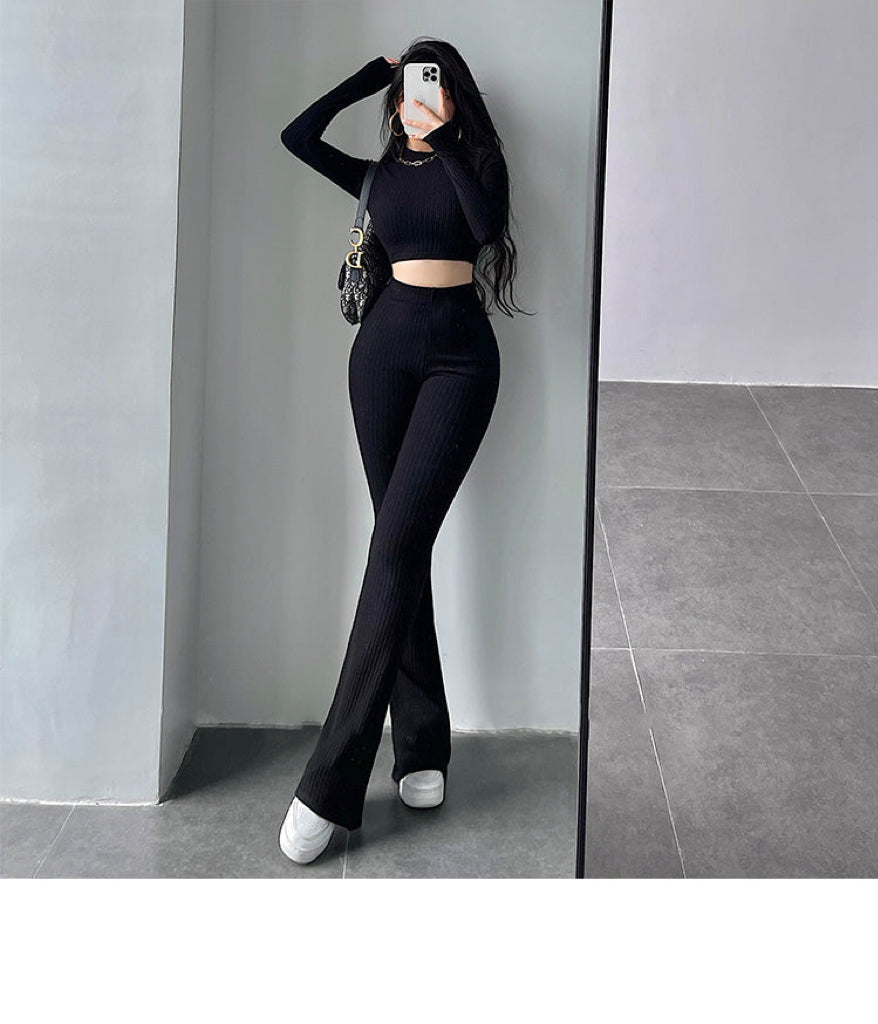 Aiertus Solid Color Ribbed Slim Long Sleeve Cropped Top High Waist Pants Matching Set Aiertu