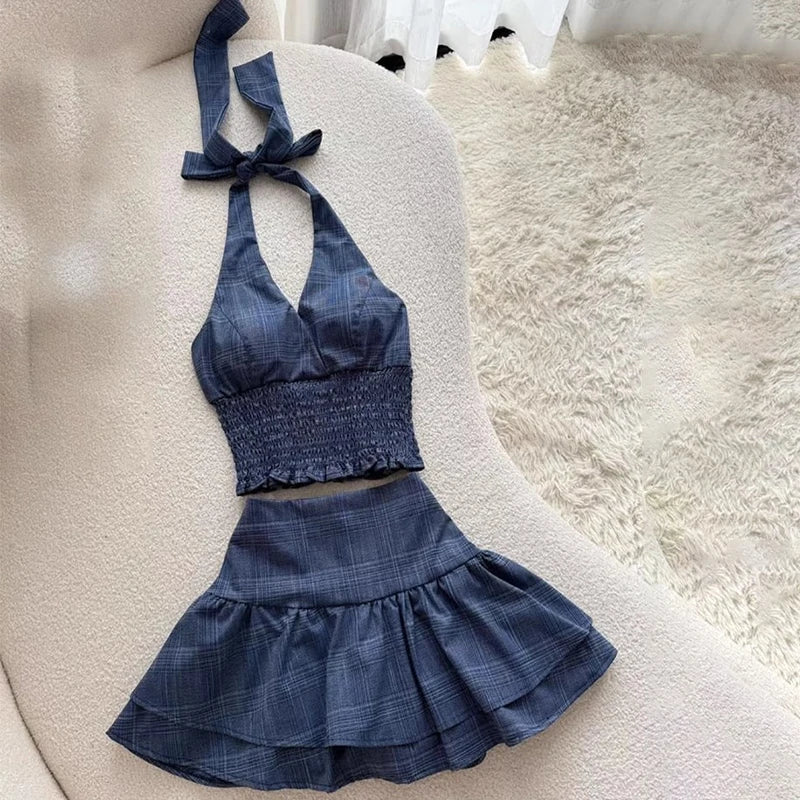 Aiertu  -  French Retro Plaid Skirt 2 piece Set Women Summer Sleeveless Backless Halter Tops + Mini Cake Skirts High Street Suit 2025 Aiertu