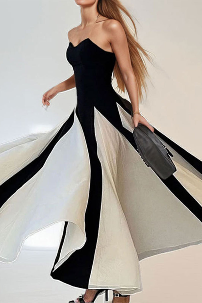 Aiertu  -  Sexy Patchwork Contrast Strapless Long Dresses Aiertu