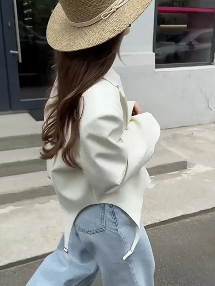 Aiertu  -  Fashion White Irregular Suit Jacket For Women Elegant Lapel Long Sleeve Short Blazer Coat 2026 Chic Lady Street Outerwear Aiertu