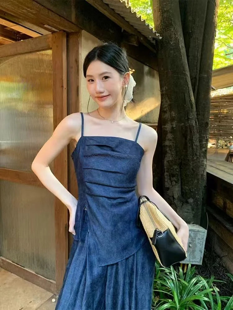 Aiertu  -  Casual Sexy Suit Women's Spring Summer Pleated Strap Vest High Waist Wide Leg Jeans Two-piece Set Fashion Female Clothes Aiertu