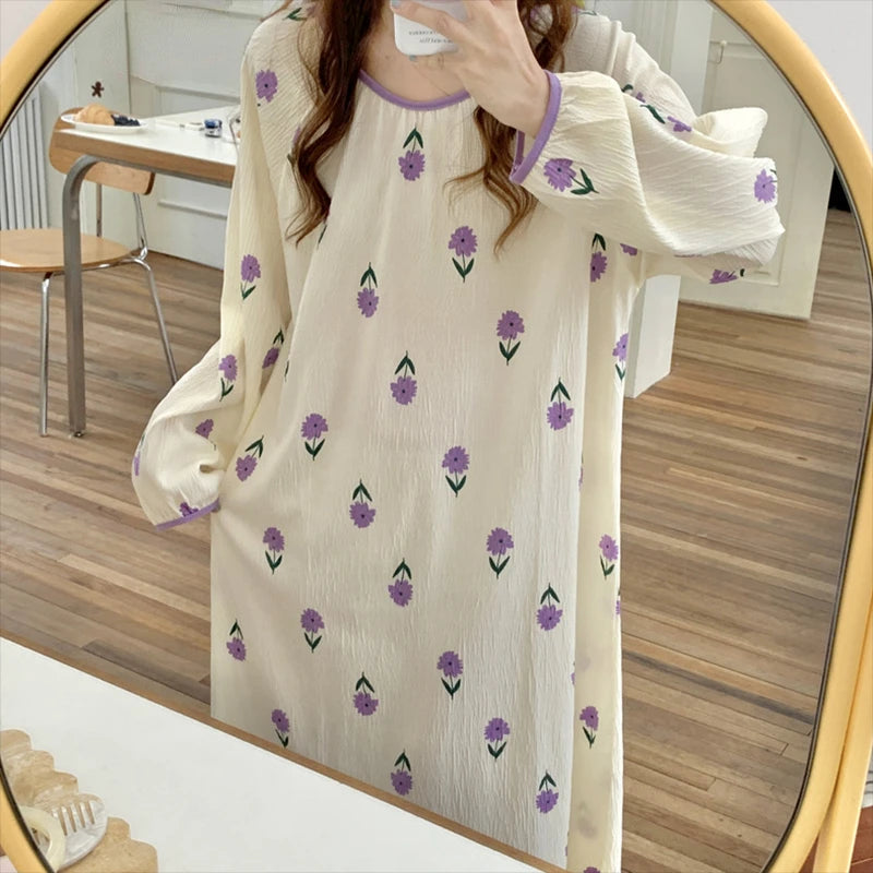 Aiertu Long Sleeve Nightgowns Women Floral Bow Temper Autumn Home Cozy Aesthetic O-neck Prairie Chic All-match Sleepwear Korean Style Aiertu