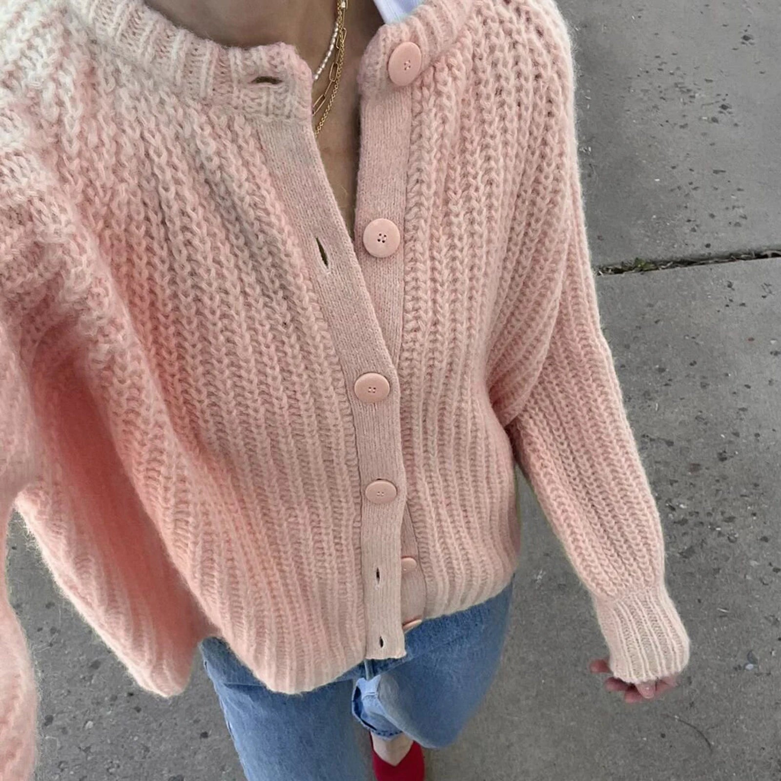Aiertu  -  Women Chunky Knit Cardigan Y2k Long Latern Sleeve Crew Neck Button Up Open Front Cable Knitted Crop Sweater Jackets Aiertu