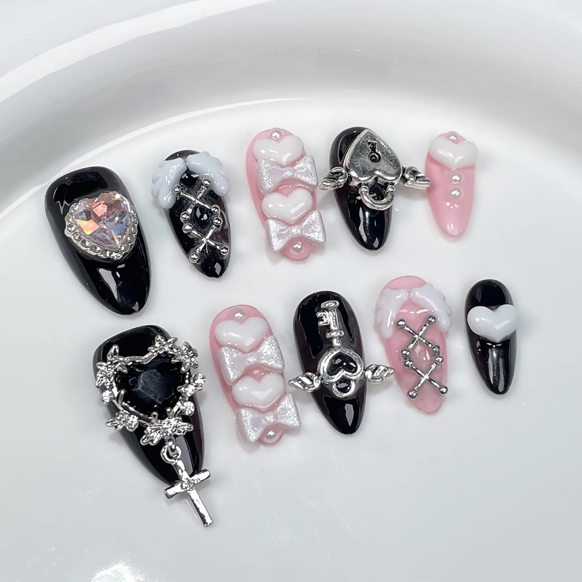 Aiertu 10pcs Blush Pink Fake Nail Patches Handmade Pearl Love Heart Press On Nails Planet Cross Designs Detachable Almond Aiertu