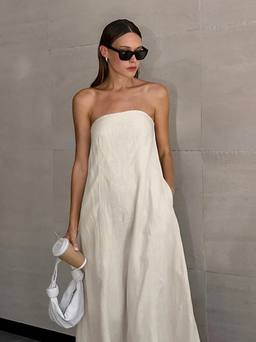 Aiertu  -  Summer New Cotton Linen Strapless Dress Women's Vacation Style Off Shoulder Dress Fashion Female Backless Long Skirt Aiertu