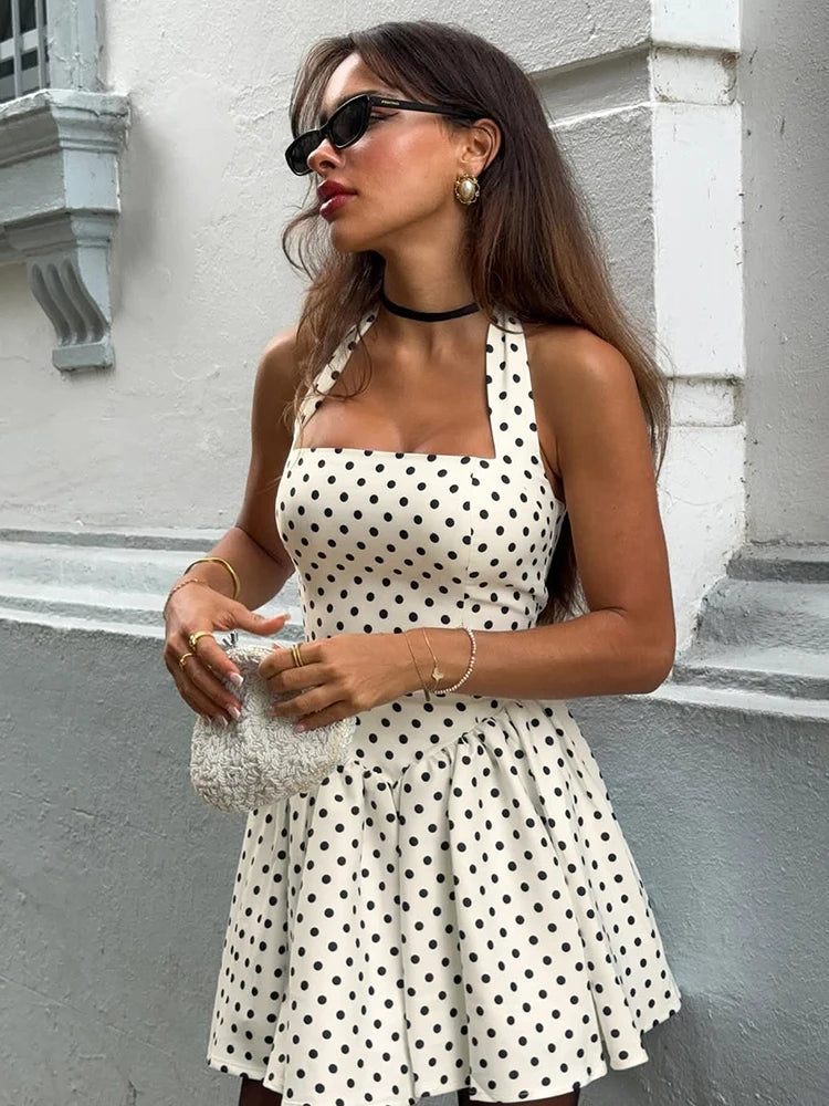 Aiertu  -  Backless Halter Polka Dot Dress For Women Plunge Bodycon Party Dress Sleeveless Elegant Chic MIni Pleated Dress A-line Aiertu