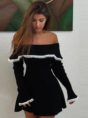 Aiertu  -  Women Off-Shoulder Lace Knitted Dress Long Sleeve Bodycon Sexy Mide Dresses Ribbed Elegant Casual Club Partywear 2026 Autumn New Aiertu