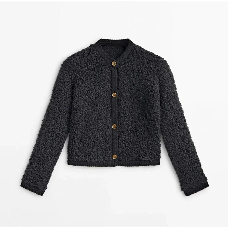 Aiertu  -  Elegant Lamb Wool Spliced Coats Women Casual O-neck Button Long Sleeve Female Jacket 2023 Autumn Winter Office Lady Commute Coat Aiertu