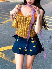 Aiertu  -  Fake Two Pieces Plaid Patchwork Grunge Tank Top Y2k Aesthetic Lace Bodycon Sexy Camisole Summer Streetwear Cropped Fairy Vest Aiertu