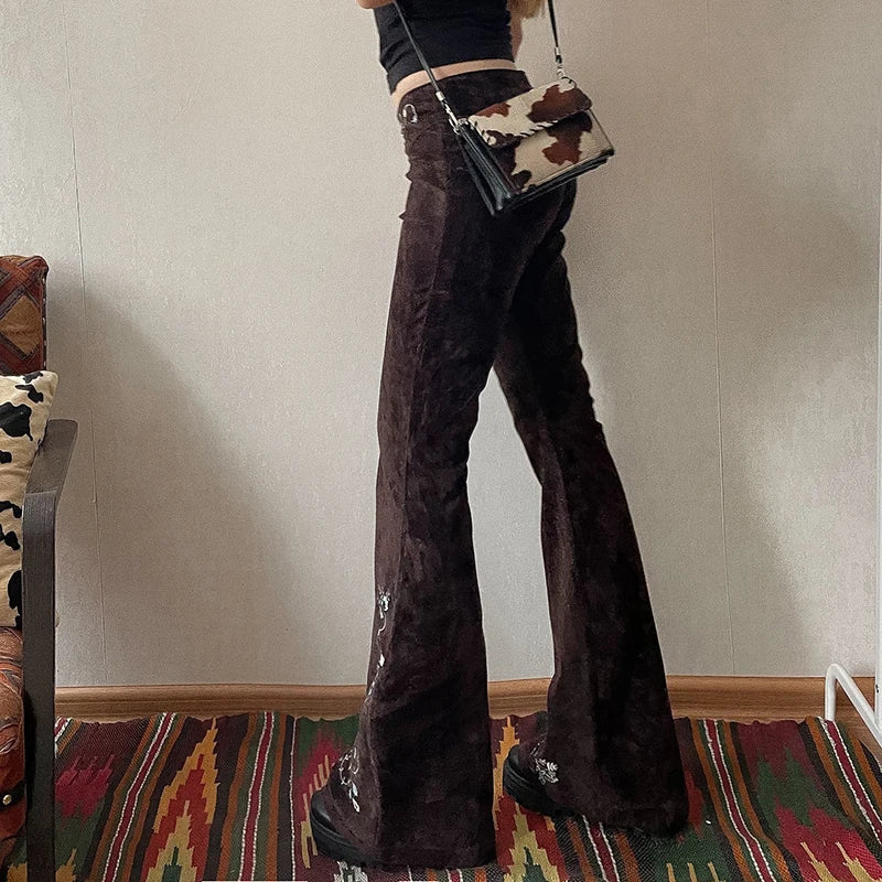 Aiertu  -  Vintage Brown Plant Embroidery Flare Jeans Y2K Women Aesthetic Low Waisted Zipper Denim Trousers Slim Boot Cut Pants Aiertu