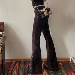Aiertu  -  Vintage Brown Plant Embroidery Flare Jeans Y2K Women Aesthetic Low Waisted Zipper Denim Trousers Slim Boot Cut Pants Aiertu