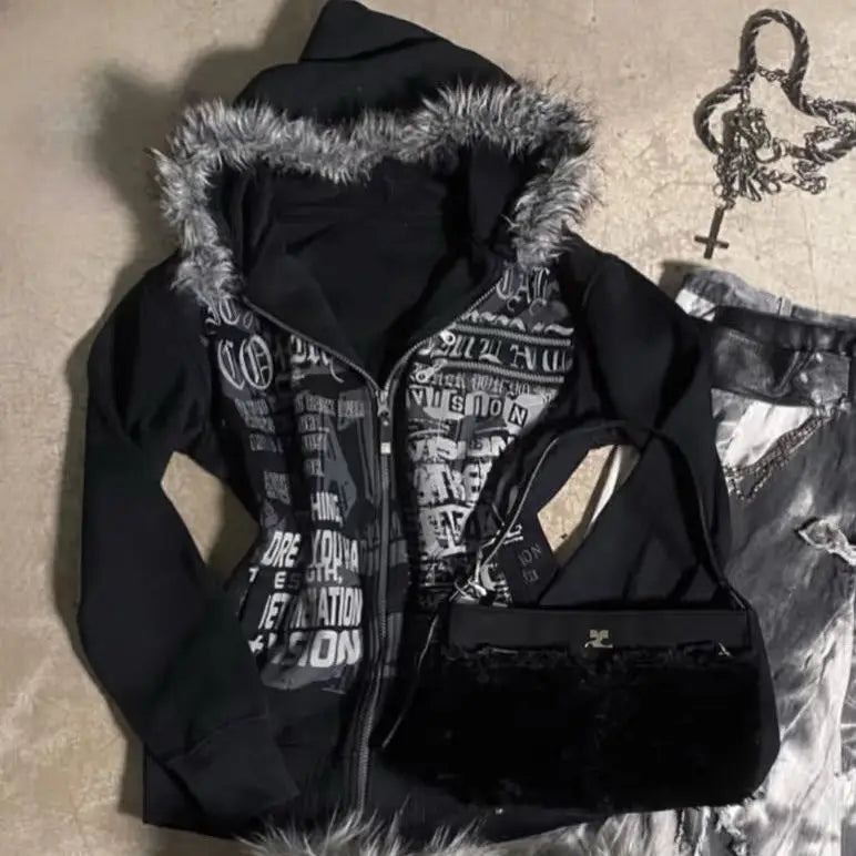 Aiertu  -  Y2k Gothic Black Printed  Fur Collar Slim Fit Sweatshirts High Street Personality Dressing Up Jacket for Women Oversized Clothes Aiertu