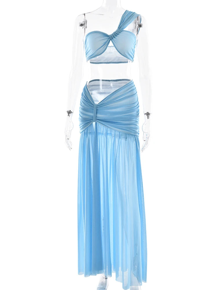 Aiertu  -  Sexy Mesh Patchwork Double-layer Pleated Women Suit Irregular Top Half Body Long Skirt Two-piece Set Party Beach Holiday Aiertu