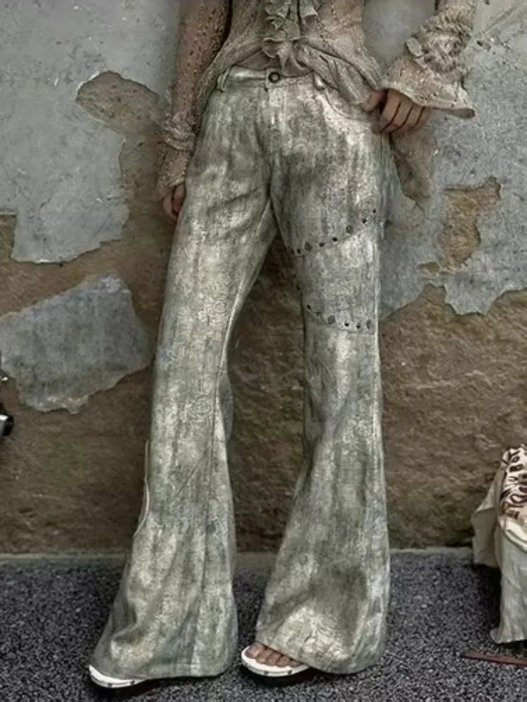 Aiertu  -  Streetwear New Retro Washed Gem Print Jeans Women's American Harajuku Hip Hop Baggy Straight Pants Casual Y2K Wide Leg Pants Aiertu